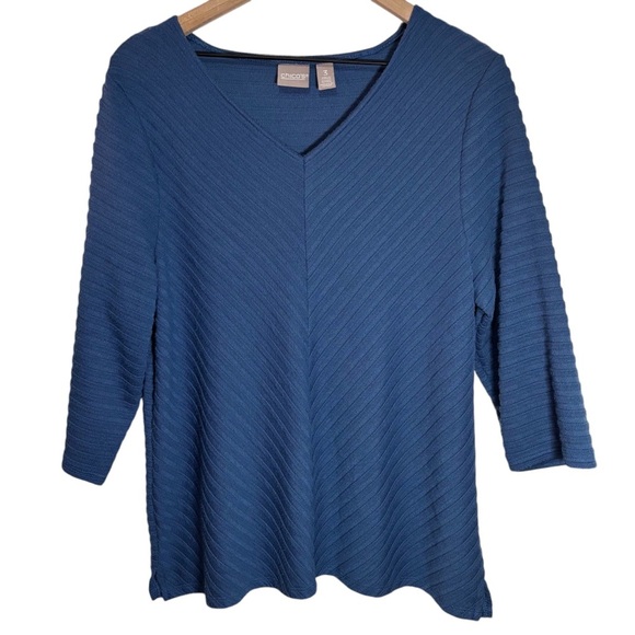 Chico's Blue V-Neck Ribbed Top 3/4 Sleeve Size XL - Picture 1 of 15